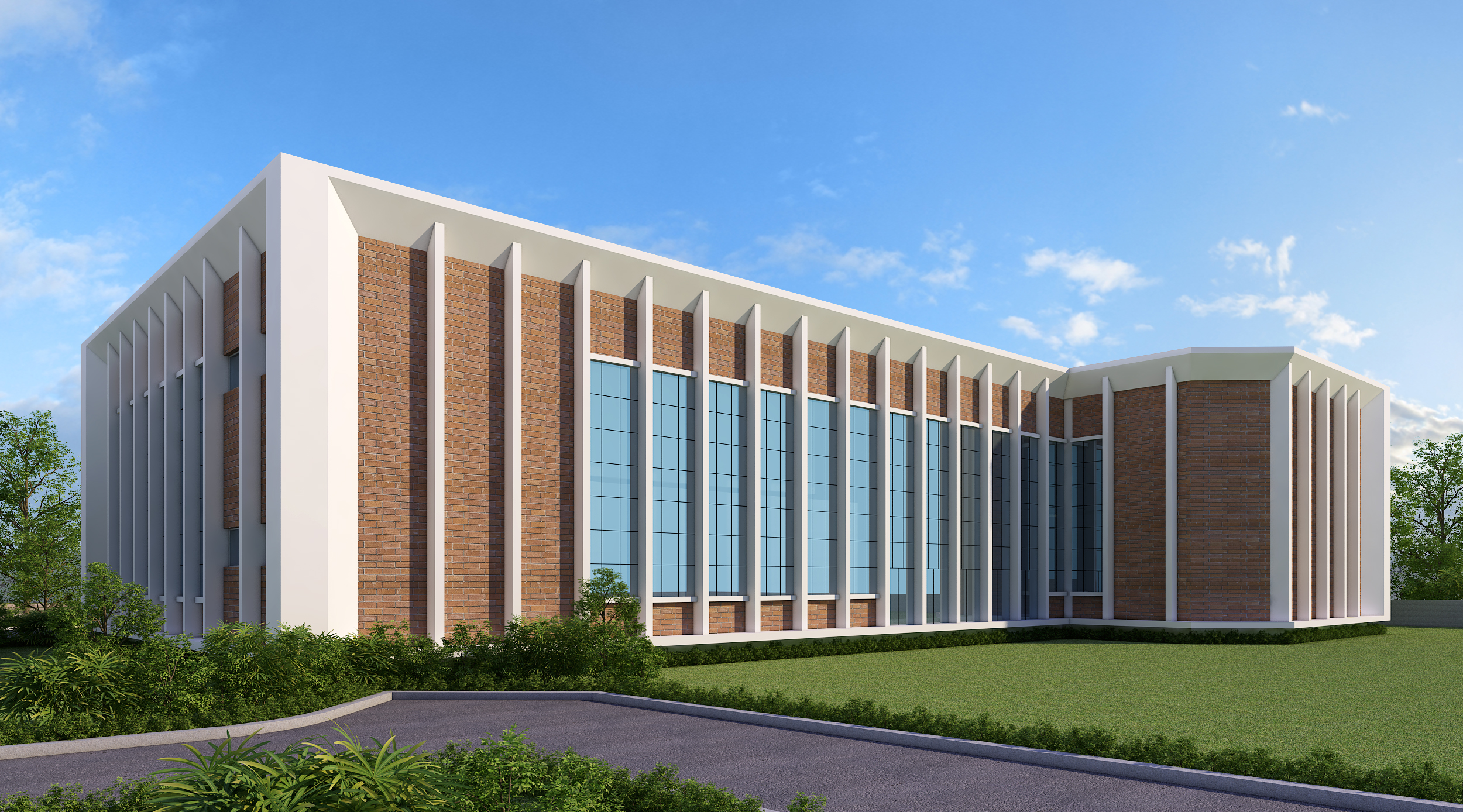 Clean geometric forms and carefully proportioned elevations establish a timeless façade that reflects the precision and reliability of the facility it houses.